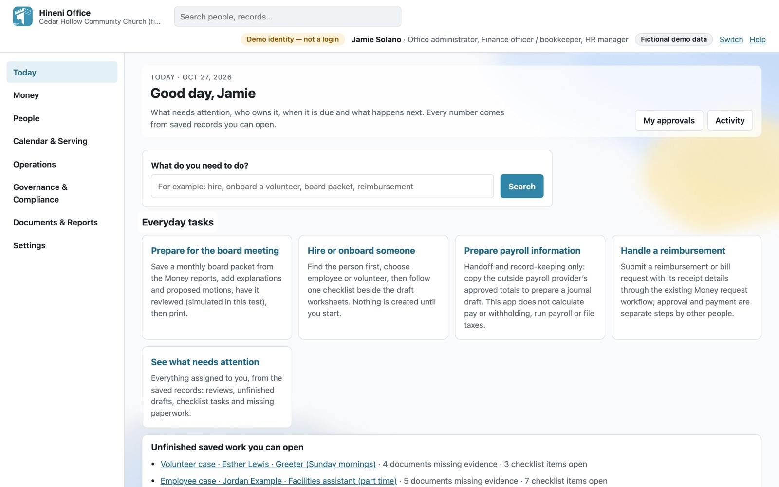 The Hineni Office Today page for a fictional church: a greeting, a search box, and everyday tasks for board packets, hiring and onboarding, payroll information, and reimbursements.